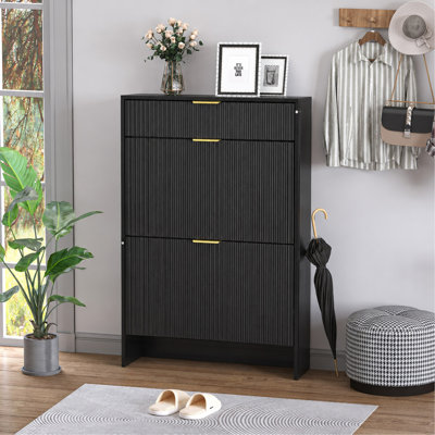 Narrow Fluted Shoe Storage Cabinet for Entryway, Freestanding  Drawer Shoe Rack with Gold Pull Handles, Modern Slim Shoe Organizer Cabinet for Hallway Bedroom Closet, Black