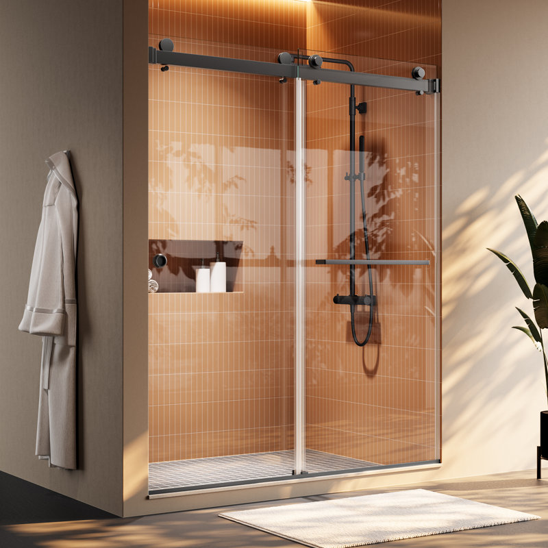 55-59" W X 72" H Frameless Double Sliding Shower Door | 8Mm SGCC Certified Light Wave Tempered Glass | Reversible Installation | Matte Black Stainless Steel Hardware