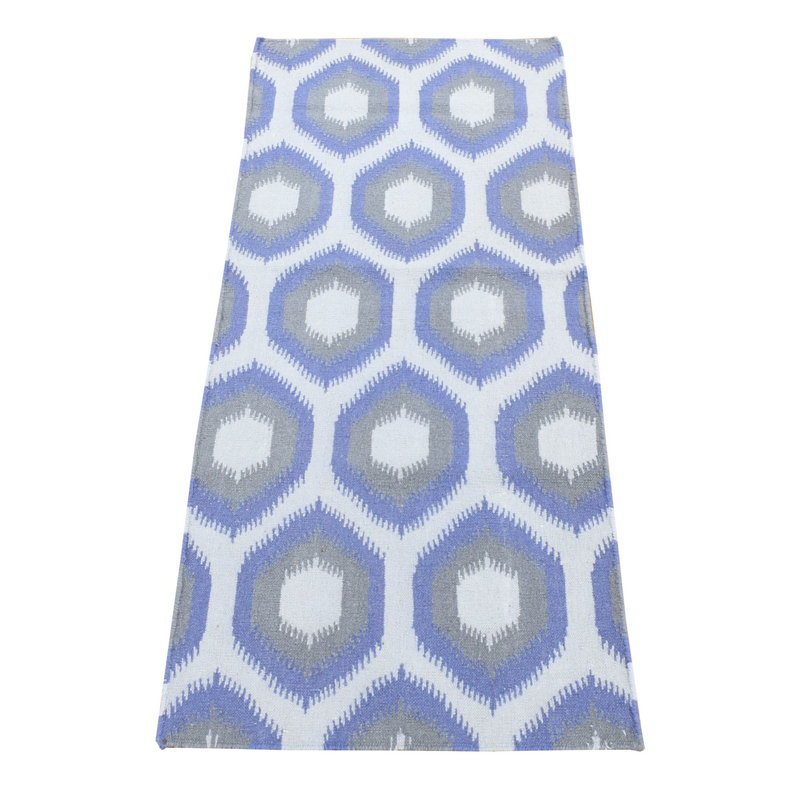 Tapis de couloir gris / bleu noué à la main de conception unique 2 pi 5 po x 6 pi New Age