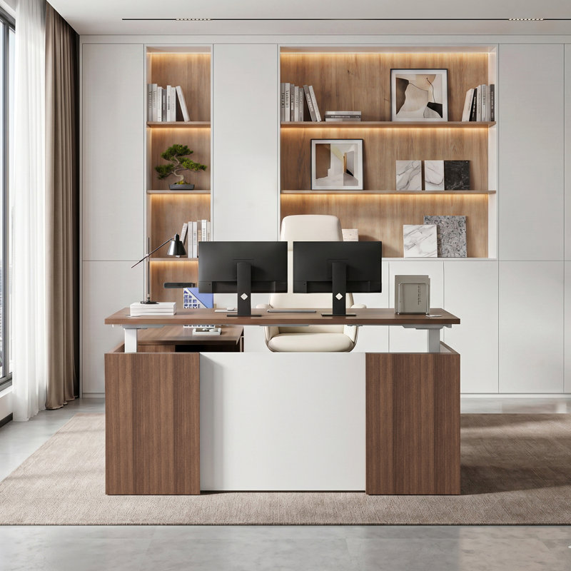 Nishad Adjustable Height Executive Standing Desk Pedestal, Walnut, L-Shape with 3 Drawers