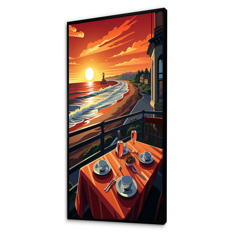 «Beachfront Dinner Sunset - Coastal Windows», art mural, H 60 po x l 28 po x P 1,5 po, Cadre flottant noir