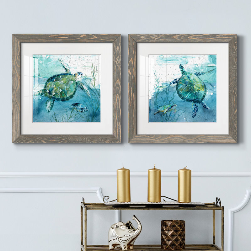 «Island Swim I», ensemble de 2 peintures, H 24 po x l 48 po, Papier dans un cadre photo, Gris