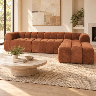 Canapé d'angle moderne sans cadre en forme de L de 310 cm de large avec méridienne à droite, mousse haute densité, canapé 2 pièces sans assemblage