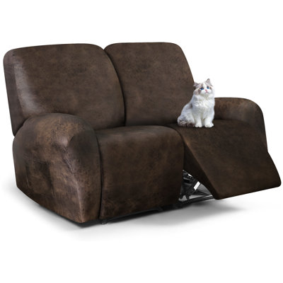 Leather Look Loveseat Recliner Cover, 6-Pieces Stretch Dual Recliner Sofa Covers, Soft Reclining Couch Slipcover, Washable Furniture Protector for Pets