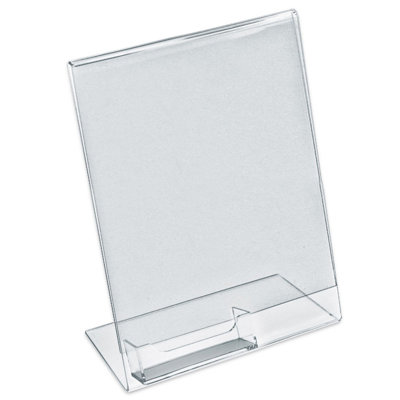 Clear Acrylic Angled L-Shape Sign Holder Frame with Slant Back Design and Attached Business Card Pocket, Frame Size: 8.5"W x 11"H, 10-Pack