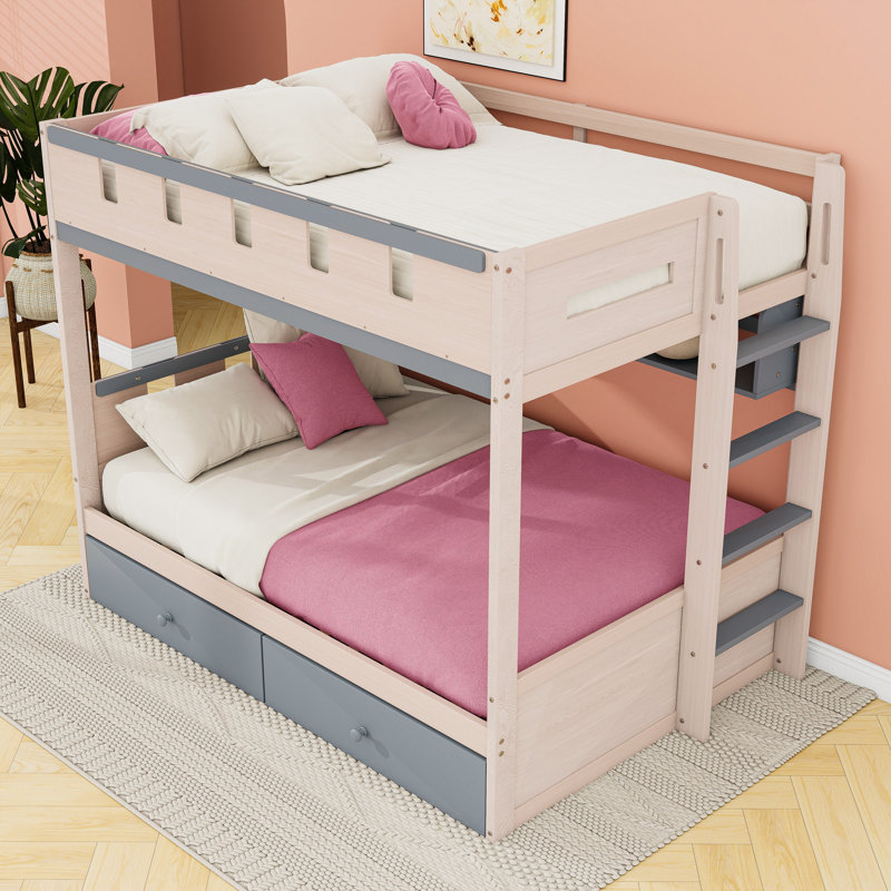 Lit superposé à deux tiroirs en bois avec bande lumineuse et tablettes de rangement, Lit superposé double sur double, Gris