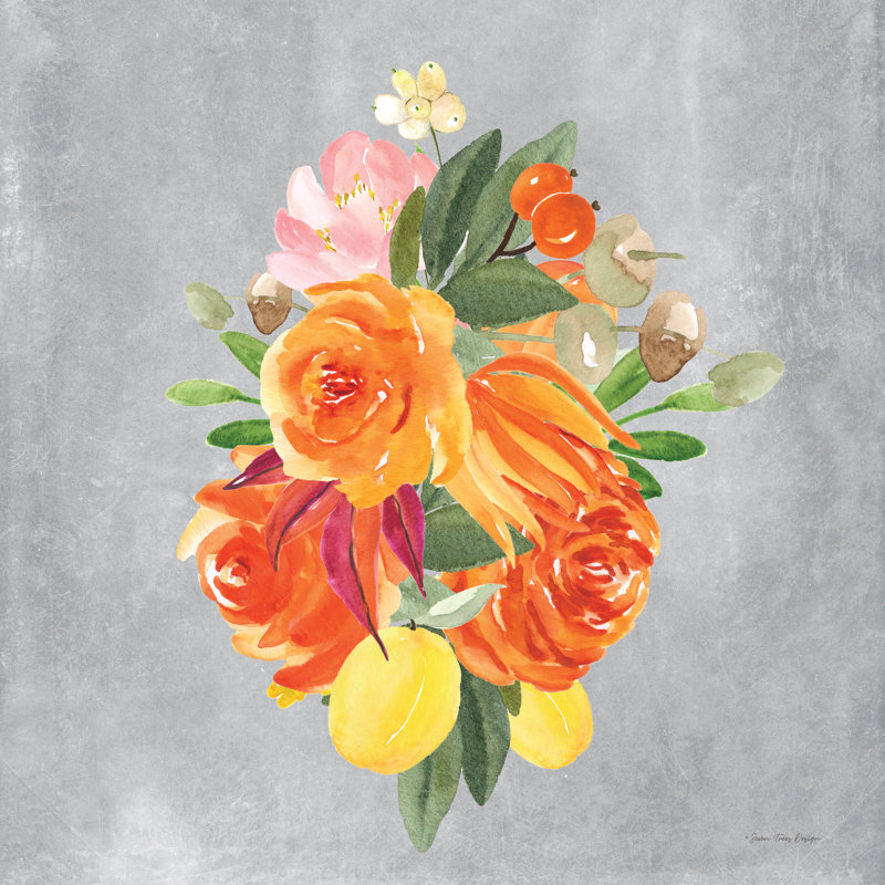 Aquarelle fleurs orange, Oui, Impression avec cadre érable, H 30 po x l 30 po