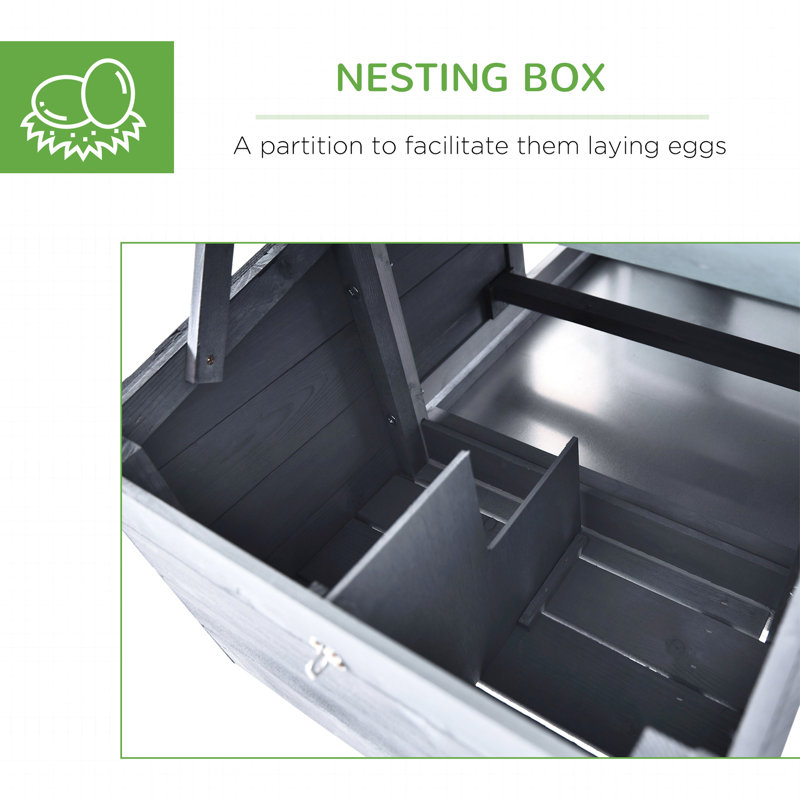 Poulailler de 59 po en bois gris, compact avec aire de nidification, plateau amovible et barrière sécurisée avec petite cage à poulets, pour cour, 2 portes, boîte, facile d'entretien