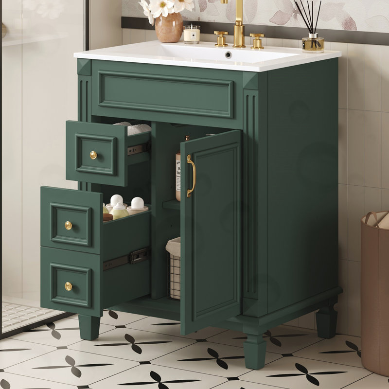 Meuble-lavabo avec 2 tiroirs et tablette réglable, Vert/doré