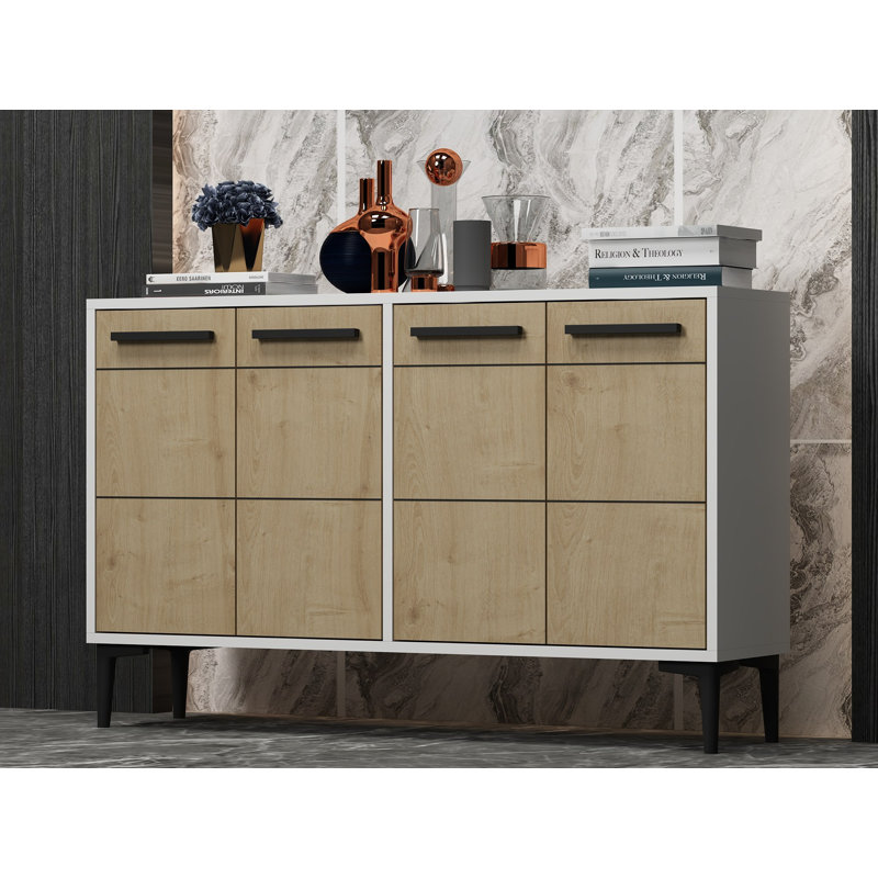 Console moderne, blanc et chêne saphir, 47,2 po x 11,8 po x 29,5 po | Panneau de particules 100% enduit de mélamine avec pieds en PVC | Solution de rangement élégante pour le vestibule, le salon et le bureau, design durable et élégant