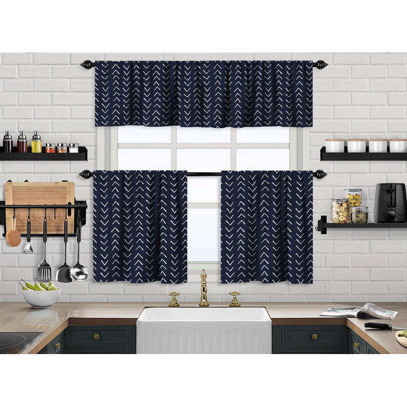 Navy Blue Boho Design Kitchen Valance and 2 Tiers Curtain Set