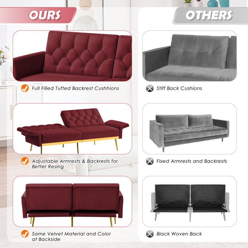Zineta 67'' Velvet Sleeper Sofa, Red