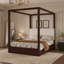 Lit plateforme à baldaquin Queen avec tête de lit rembourrée, couleur espresso-1034050279-1034050280