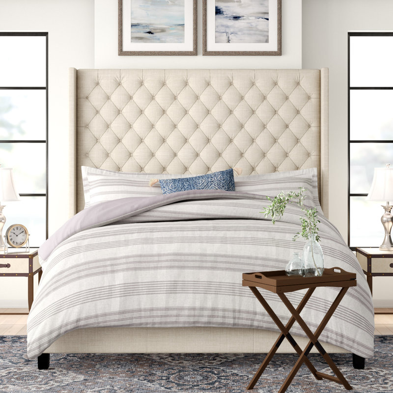 Lit tapissier standard Kaster, Lin beige chiné, Très grand