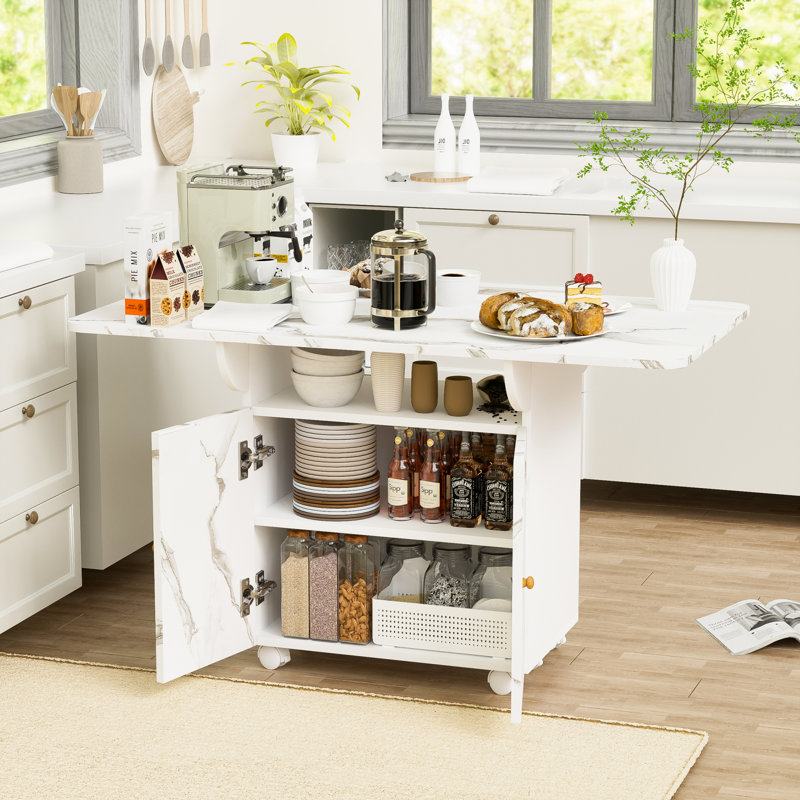 Table à manger pliante en bois: support de rangement, armoire, 6 roulettes, aspect marbre blanc, îlot de cuisine polyvalent et table d'appoint
