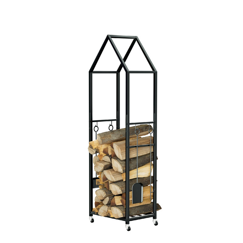 Hagenah 18'' W Metal House Log Rack with Wheels and 4-Piece Fireplace Tool Set