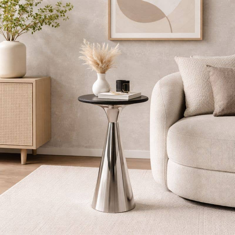 Table d'appoint argentée avec plateau en marbre noir | Table de bout décorative moderne | Base en métal | Table d'appoint pour le salon | 12 x 12 x 25,5 po