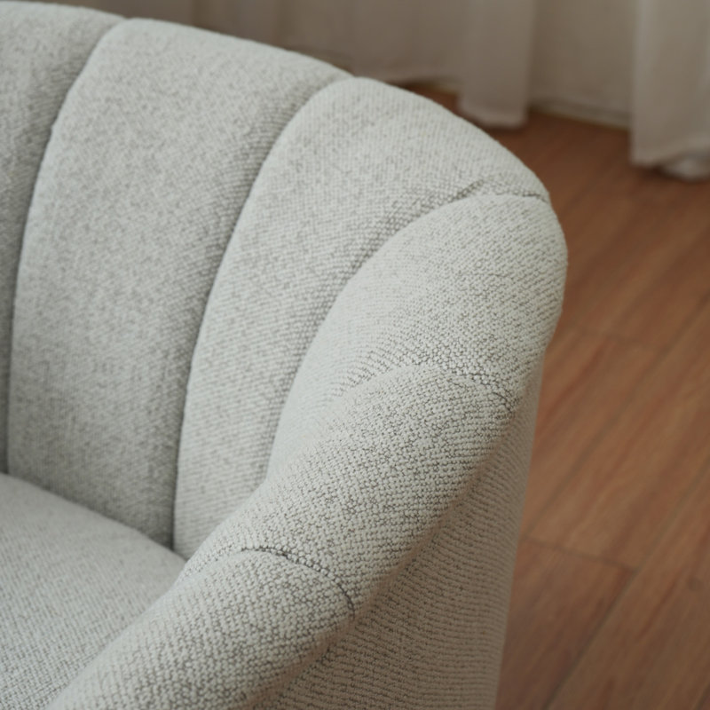 Wolen Upholstered Modern Swivel Barrel Chair, Ivory Linen Blend, Brown Wood