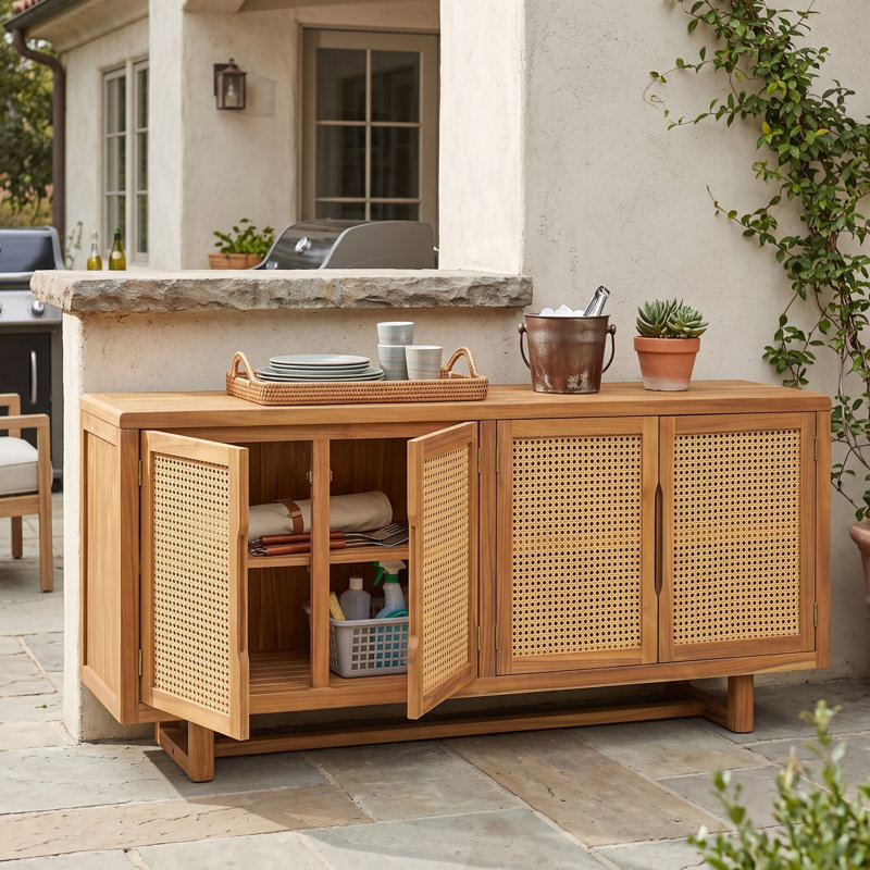 Armoire de rangement Adair Mid-Century moderne en bois d'acacia avec portes en osier de polyéthylène pour patio et jardin