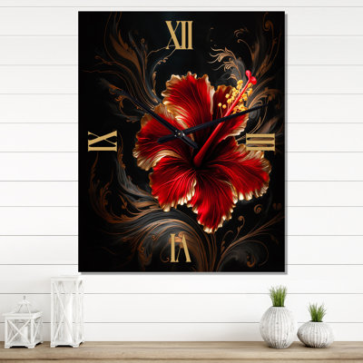Red Gorgeous Gilded Hibiscus On Black I - Hibiscus Modern Wall Clock
