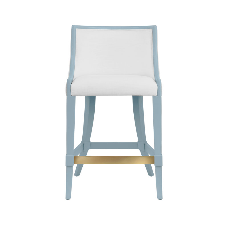 Klismos Leg Counter Stool With Performance White Linen Upholstery In Matte Light Blue Lacquer, Light Blue