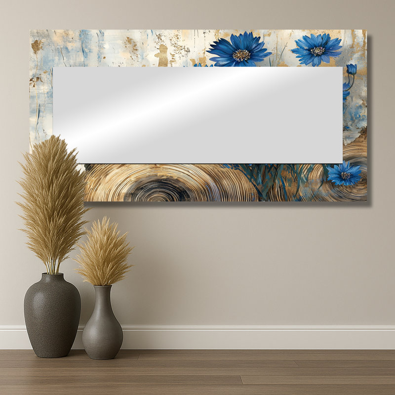 Fleurs bleues turquoise et paysage en bois II - Art mural miroir floral - imprimé sur métal, 28 po x 55 po