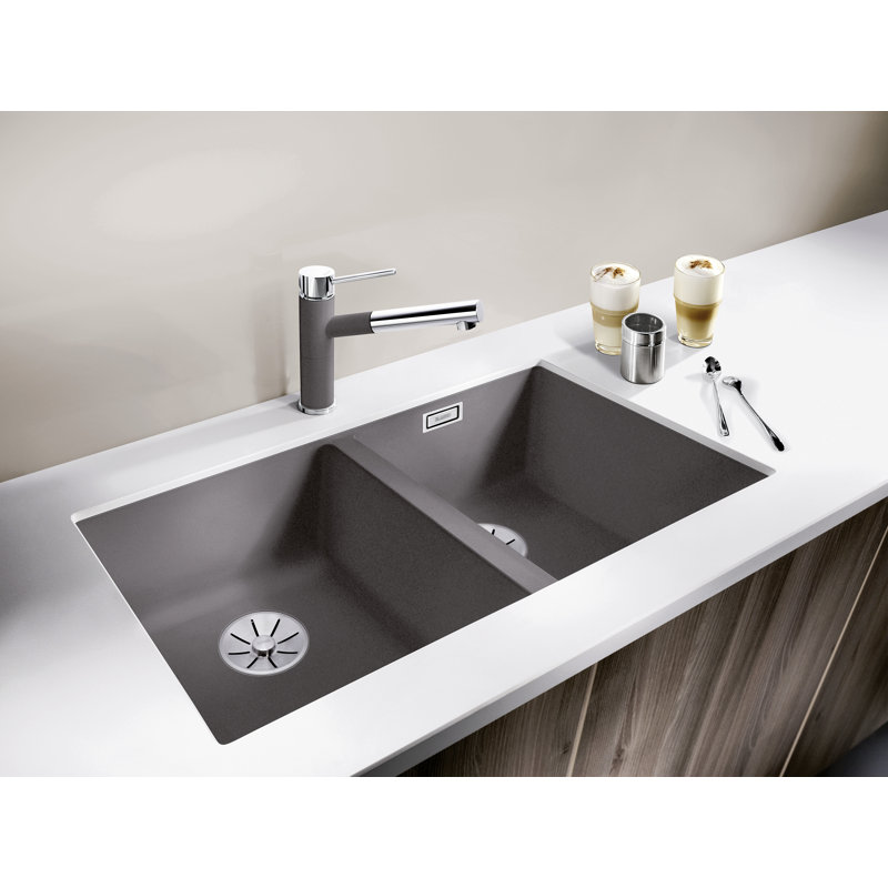 Subline Double Bowl Undermount Kitchen Sink, Rock Grey