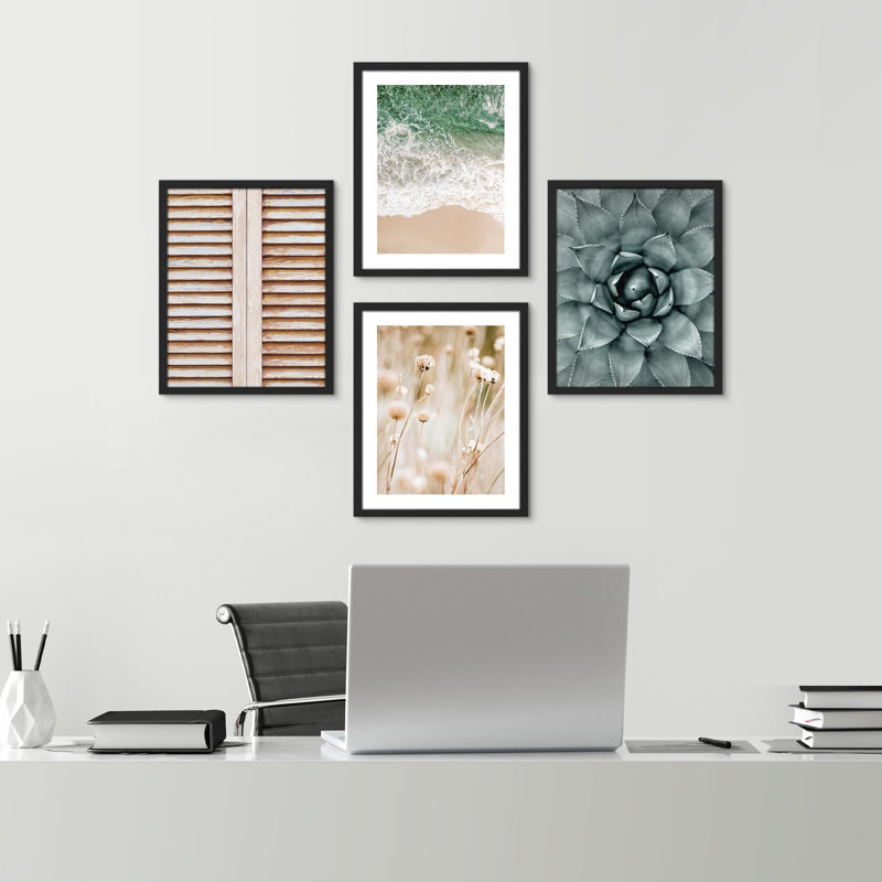 «Teal Ocean Beach Desert Succulent Decor Calm», impression sur papier 4 pièces, Noir, H 16 po x l 12 po