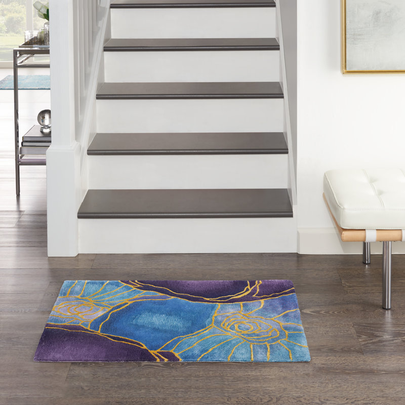 Handmade Hand Tufted Viscose Area Rug in Blue/Purple/Yellow, Rectangle 2' x 3'