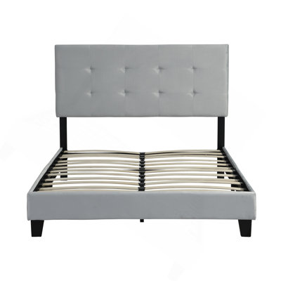 Structure de lit plateforme grand tapissier avec tête de lit capitonnée à tirette, support de lattes en bois massif, sommier à ressorts, aucun sommier requis, assemblage facile, gris