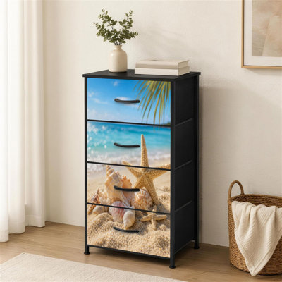 Commode à 4 tiroirs pour la chambre à coucher, coquillages, étoiles de mer, plage de sable, journée ensoleillée, eau de mer floue, ciel, petite, haute, grande commode pour vêtements