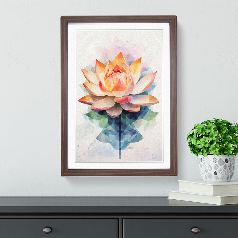 Lotus Flower Geometric No.2 - Single Picture Frame Print on Wood, 64cm H x 46cm W x 2cm D, Walnut