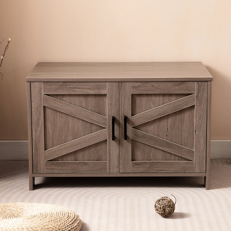 Litière pour chat avec porte de grange, maison et table de bout en bois Greige, convient à la plupart des bacs, utilisation multifonctionnelle, surface imperméable, installation vidéo transparente, porte cachée, couleur adaptée à l'animal