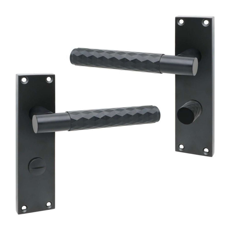 Golden Grace 1 Pair Victorian Knurled Diamond Cut Bathroom Door Handle Matt Black Metal Mortise Lock Set with Fixing Screws - 150mm x 40mm