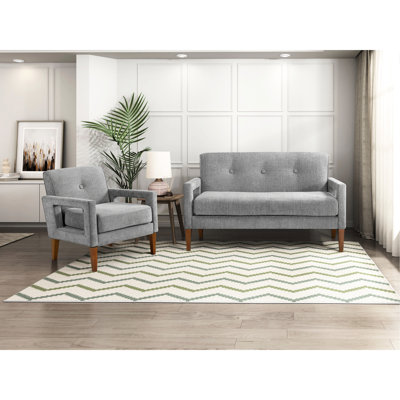 Meuble de salon moderne 2 pièces avec revêtement en chenille gris, ressorts ensachés, housses de siège amovibles et assemblage facile, 3 - Mobilier: chaise avec structure en bois massif, pieds en noyer
