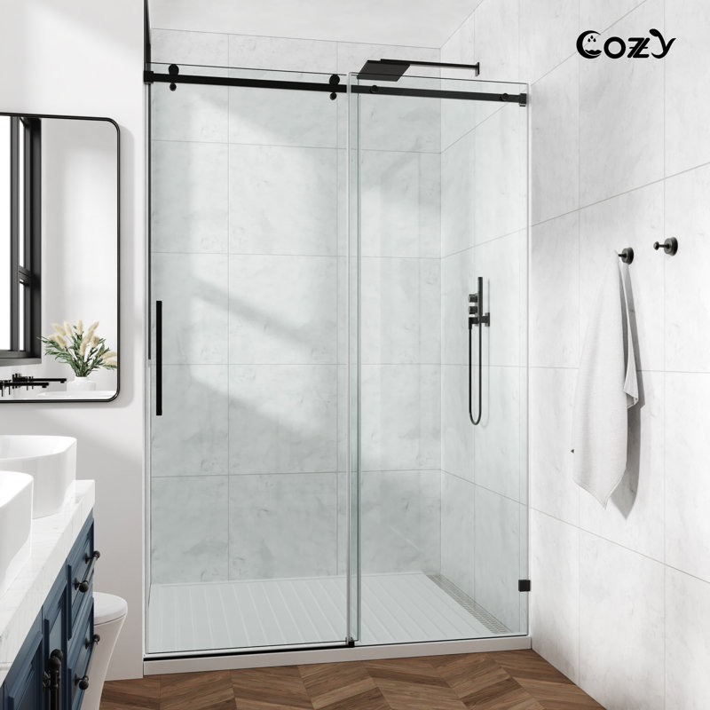 50-55" W X 76" H Frameless Single Sliding Shower Door with 3/8" (10mm) Clear Tempered Glass, Shatter-Resistant Film & Installation Hole Locator - Square Top Rail