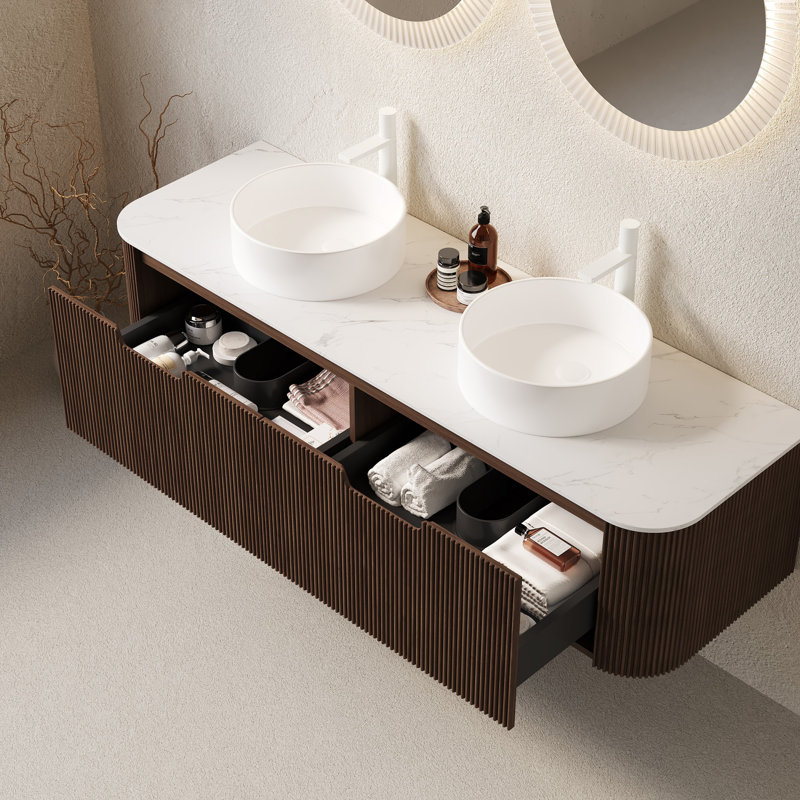 Meuble-lavabo de salle de bain mural avec tiroirs, pré-assemblé, Noyer foncé, 60"