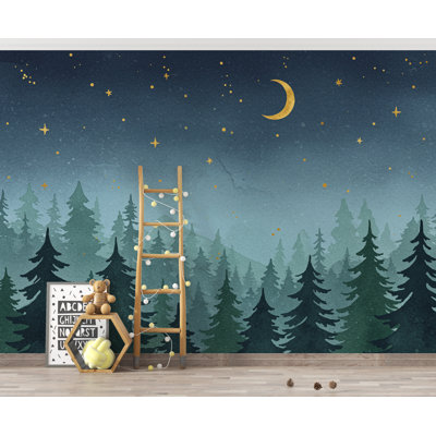 Murale de rêve forêt de rêve - aquarelle arbres à feuilles persistantes, croissant de lune et étoiles, art mural boisé bleu brumeux pour chambre d'enfant
