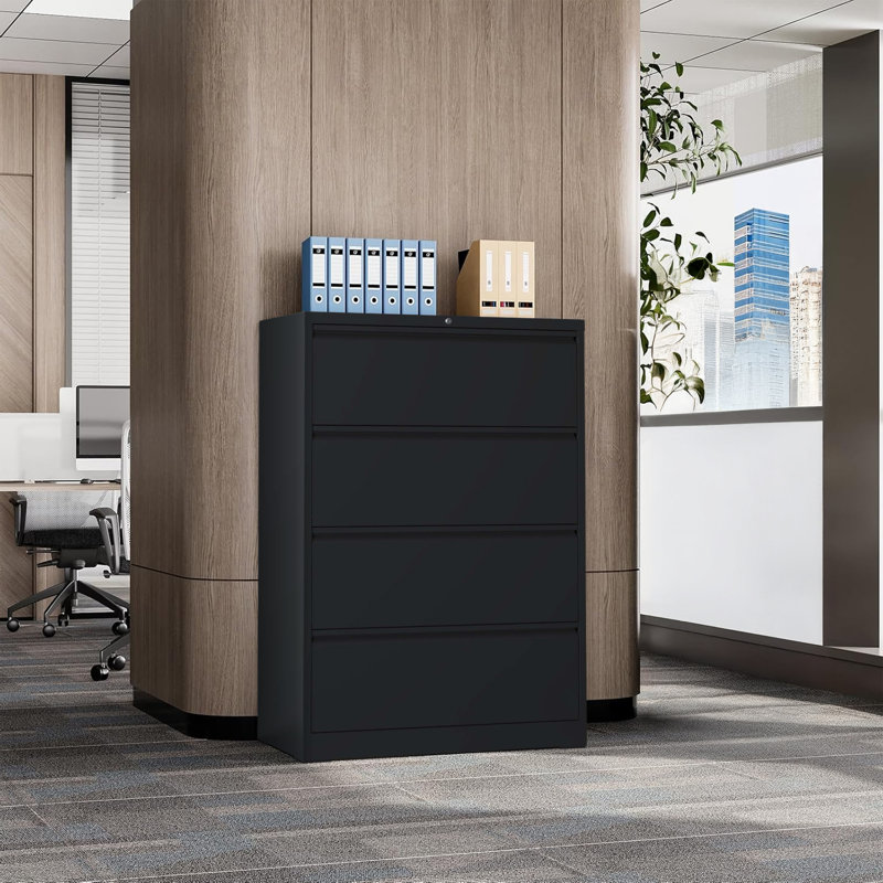 4 Drawer Lateral File Cabinet With Central Locking System 440Lb Capacity Black Filing Cabinet For Legal And Letter Size Documents