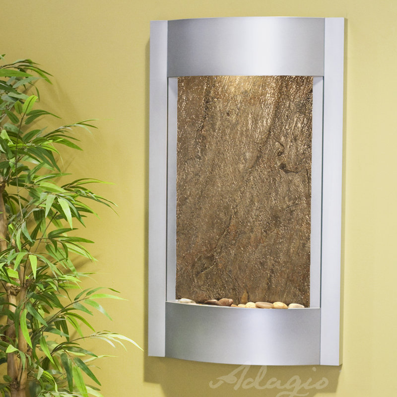 Indoor Acrylic Waterfall Fountain with Lights, Green Feather, Silver Metallic