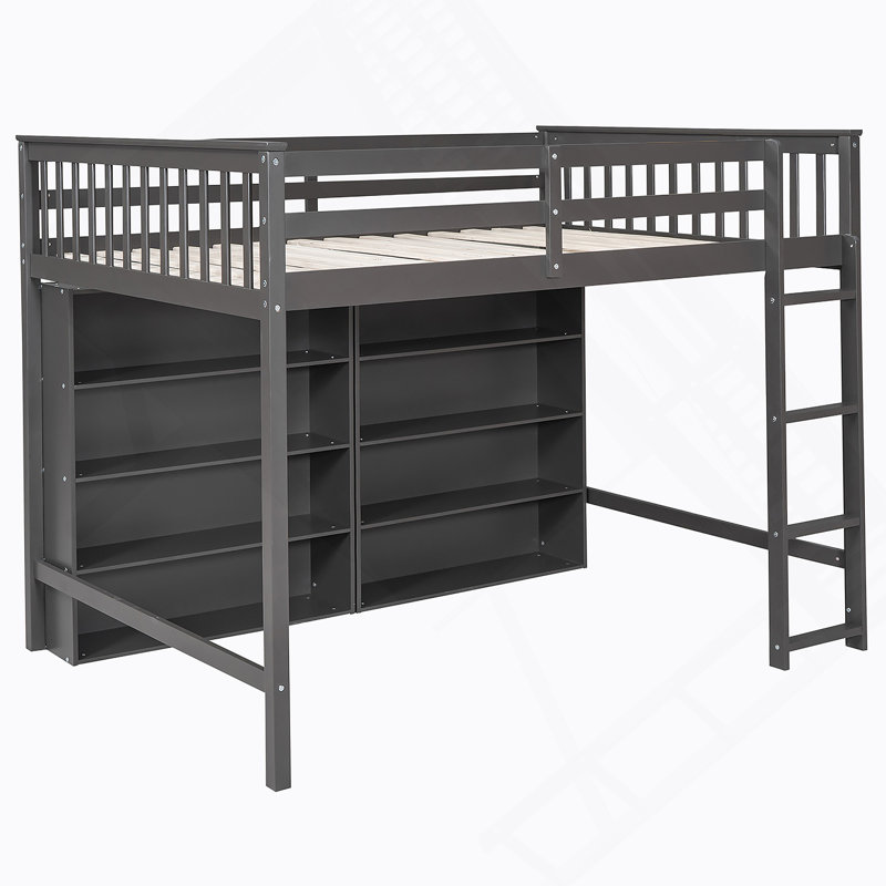 Loft Bed With  Open Storage Shelves And Built-In Ladder