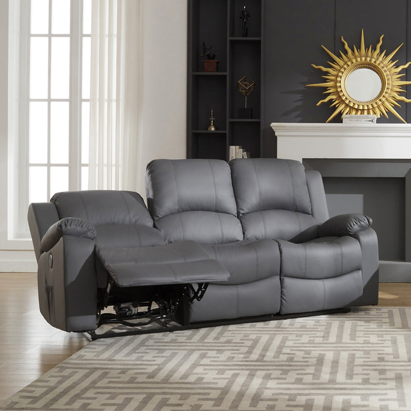 Abdoul 3 Seater Faux Leather Electric Reclining Sofa, Grey Faux Leather