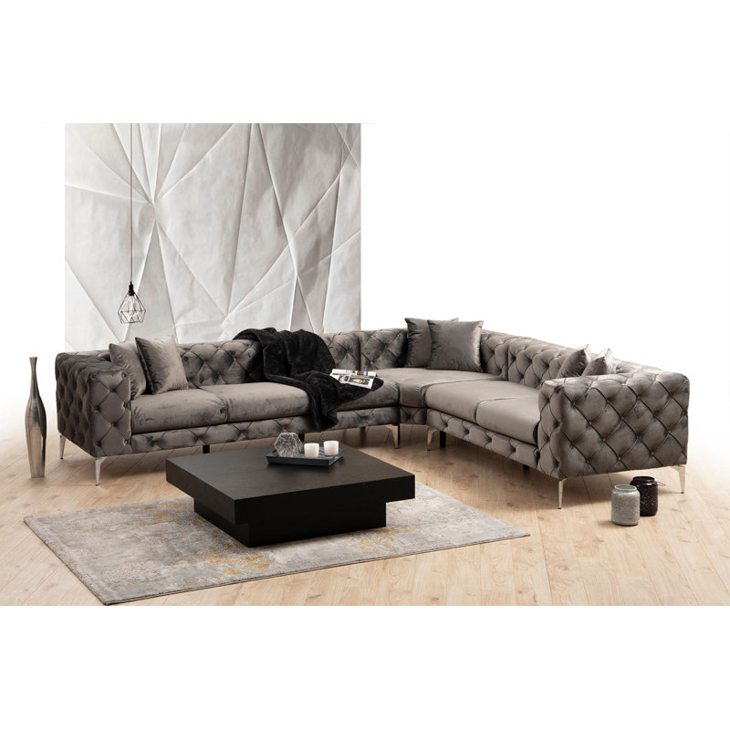Modern Corner Sofa with Metal Legs, Anthracite Fabric, 122.0 x 27.6 x 106.3 inches | Beech Wood & Chipboard Frame, 100% Polyester, 6 Included Pillows, Removable Covers, Portable Cushions | Stylish & Comfortable Living Room Furniture