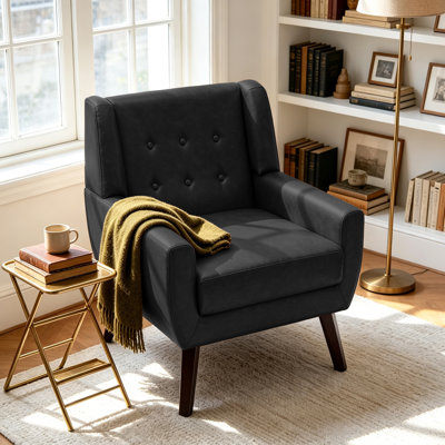 Jaqueze Upholstered Black Faux Leather Tufted Square Arm Accent chair
