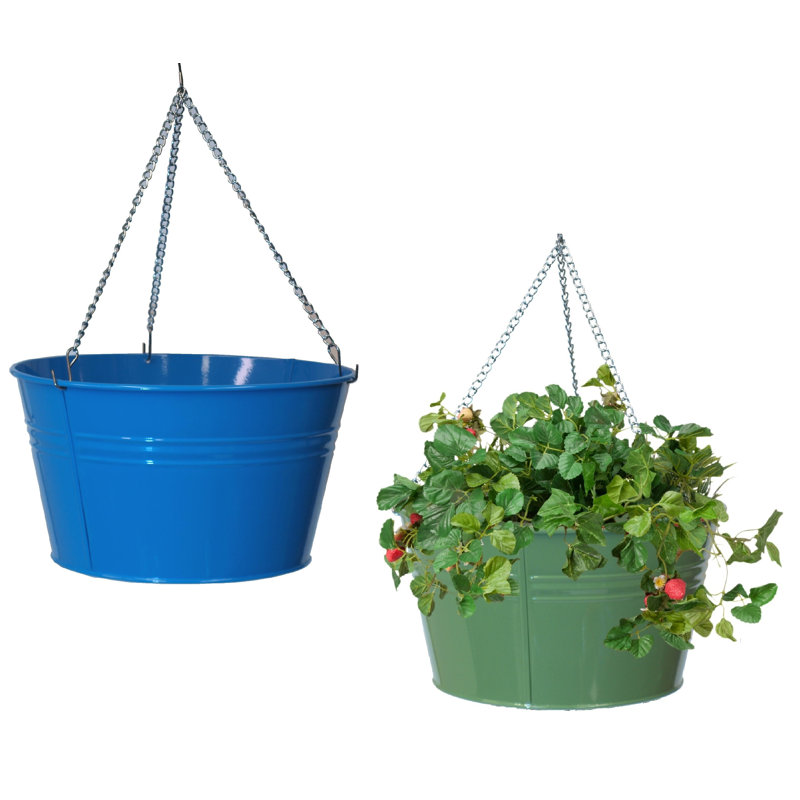 Enameled Galvanized Steel Hanging Planter, Blue/Green