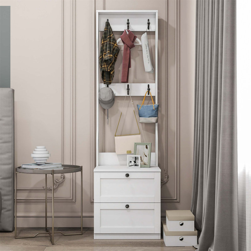 Portemanteau et table de chevet polyvalents 2-en-1, organisateur de rangement de chevet / entrée en bois avec tiroir et crochets pour la chambre à coucher, le couloir et plus