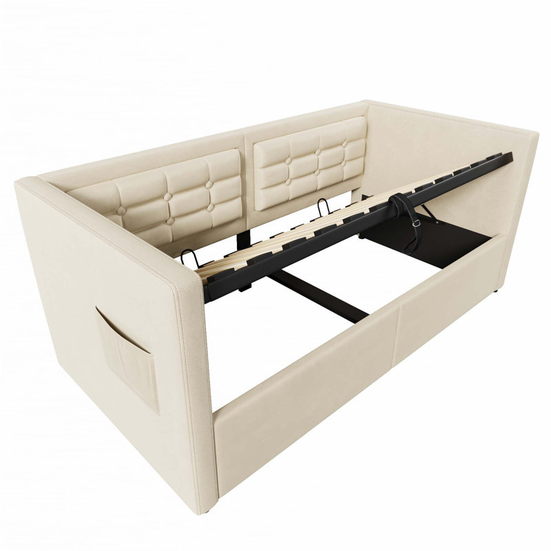 Upholstered Twin Size Daybed, Hydraulic Storage Twin Bed Frame with USB & Type-C Charging (Without Mattress), Beige