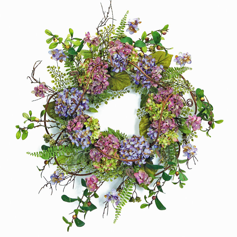 Hydrangea Floral Wreath 22"D, Green/Purple, 18.5" H x 18.5" W