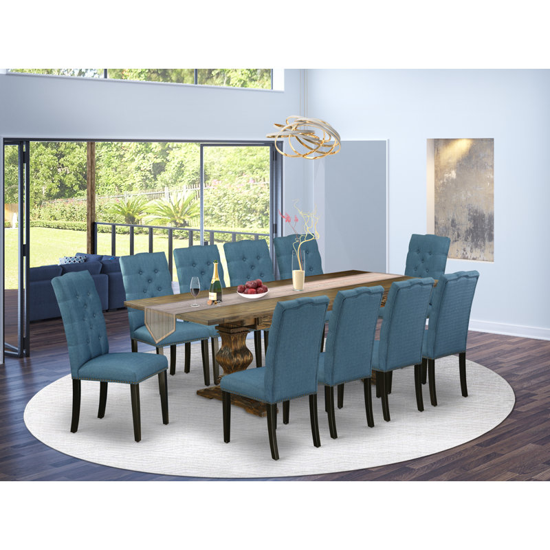 11 Piece Dinette Set Includes a Rectangle Dining Table with Removable Leaf and 10 Blue Linen Fabric Parson Dining Room Chairs, Jacobean