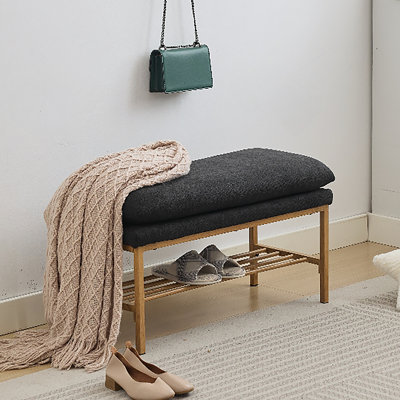 Banc de bout de lit avec tablette, banc de rangement pour chaussures rembourré en lin, banc de chambre moderne avec pieds en métal pour le salon, le vestibule, la salle à manger, 300 lb, couleur lin (noir)